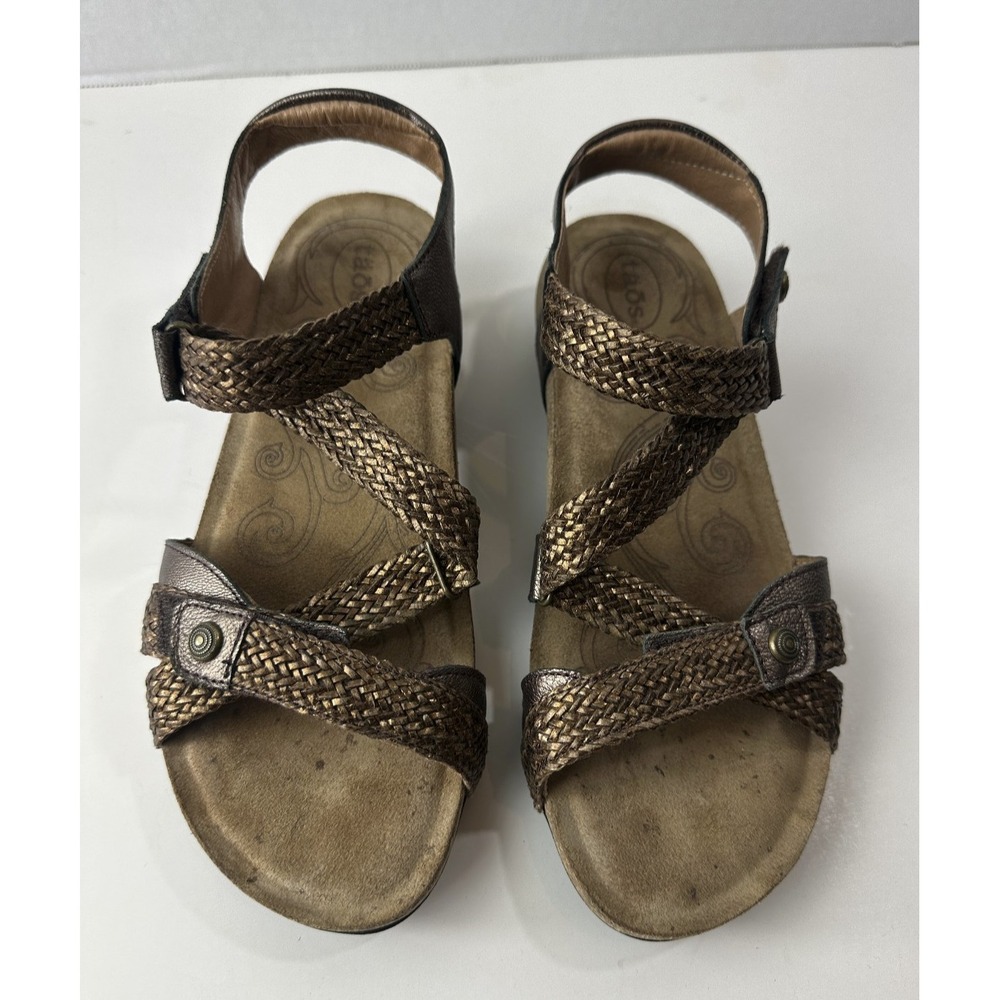 Taos Trulie Sandals Pewter Metallic Leather Woven Strappy Hook Loop Size 7 - 7.5 - Picture 2 of 16